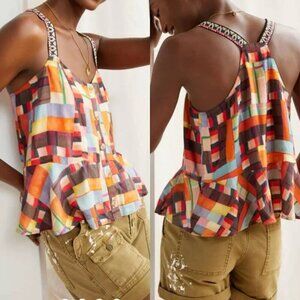 Pilcro Anthropologie Patchwork Abstract Button-Front Peplum Tank Top, Mult,L